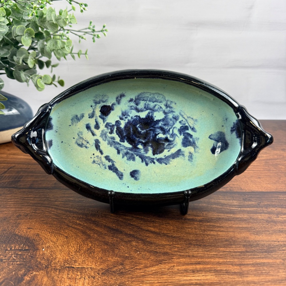 Vintage Art Pottery Elephant Handle Oval Bowl Tray Turquoise Blue Black Glaze